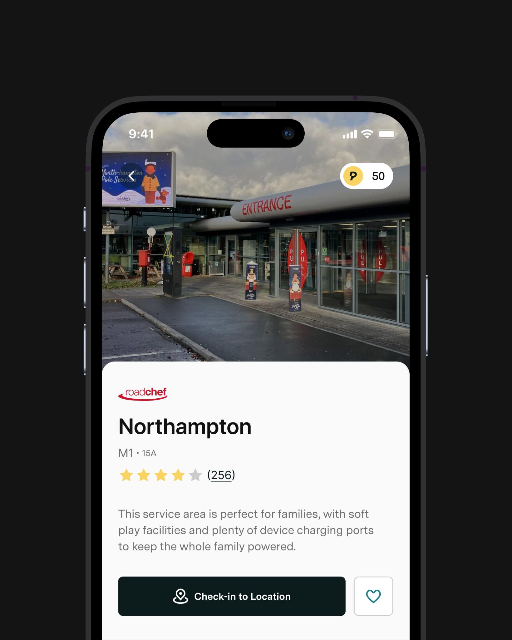 Close-up of the Pitstop app showing details for the Northampton service area, including a rating, description and button to check in to the location.