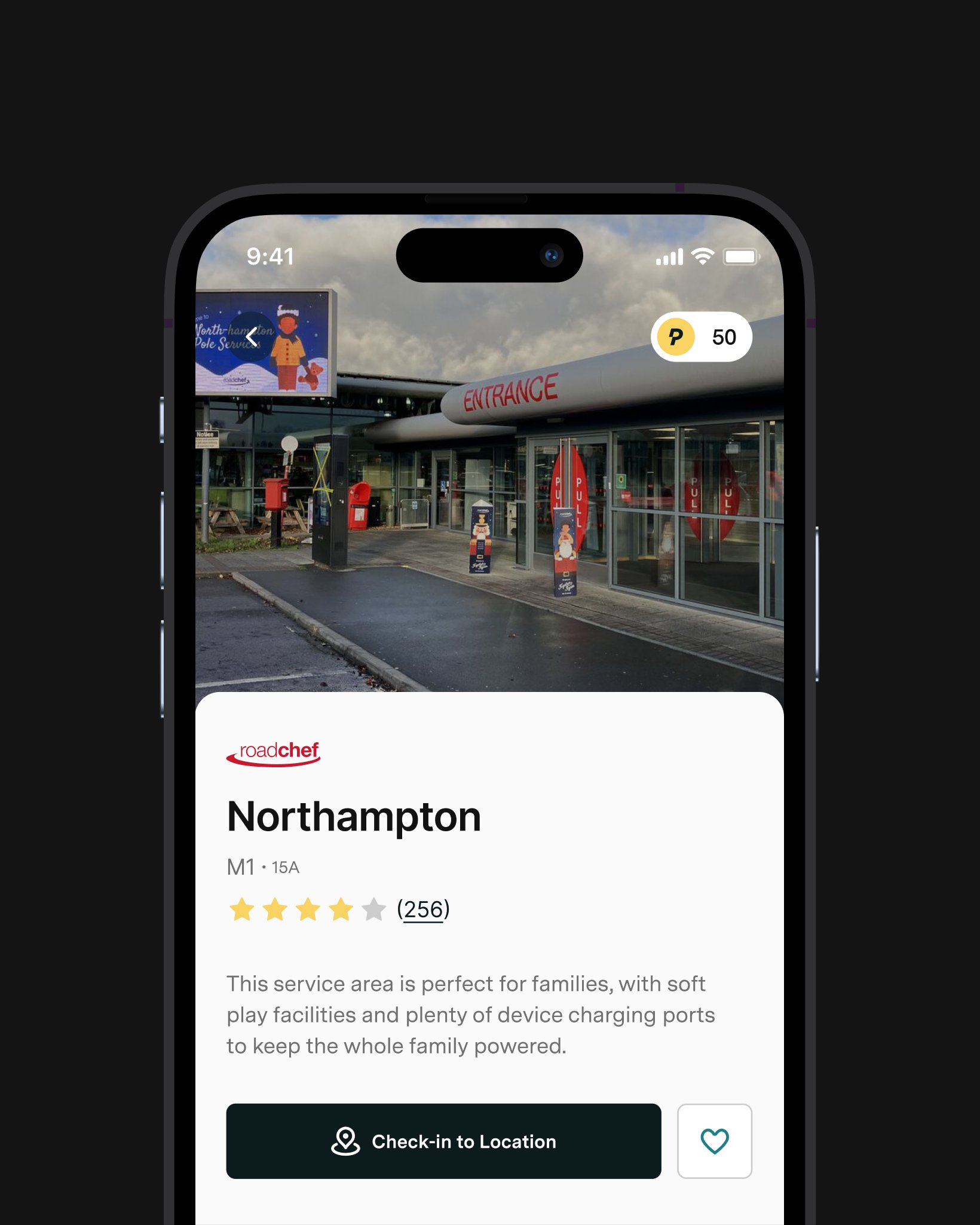 Close-up of the Pitstop app showing details for the Northampton service area, including a rating, description and button to check in to the location.