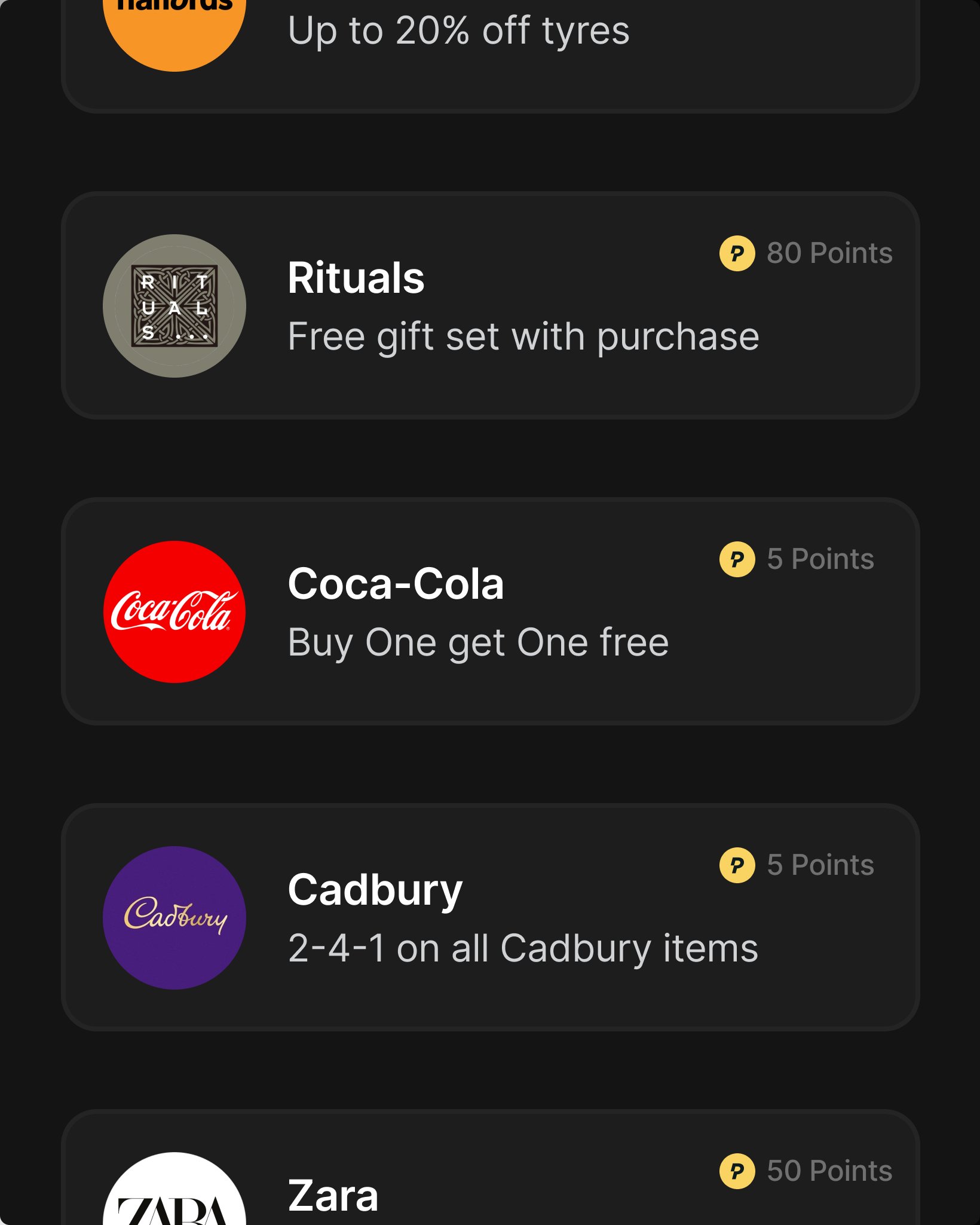 List of brand offers inside the Pitstop app, featuring store logos and reward point values on dark cards.