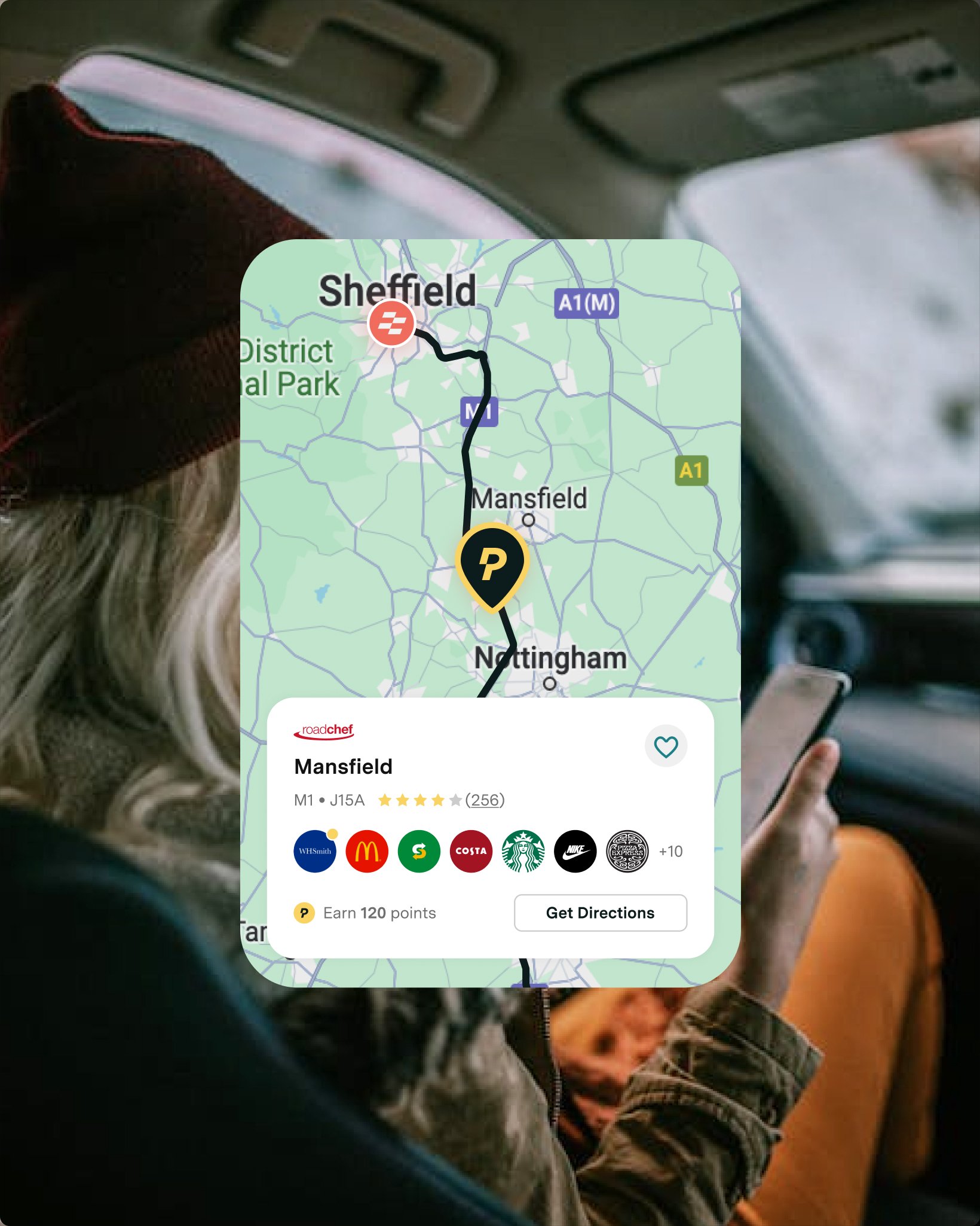Smartphone map view within the Pitstop app displaying a route from Sheffield to Nottingham, highlighting Mansfield services with brand icons and reviews.