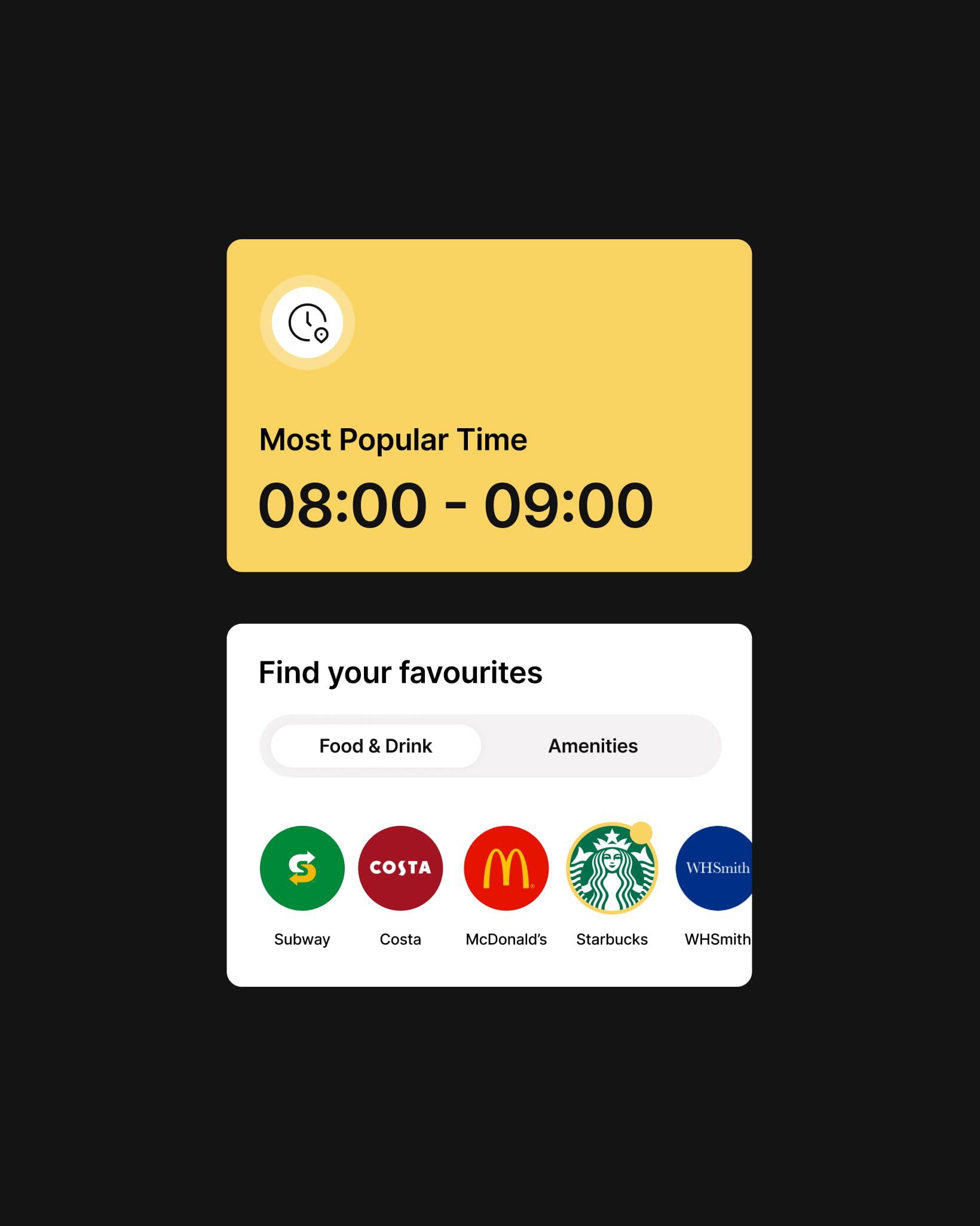 Pitstop app interface showing the most popular visiting time and category filters for finding favourite brands.