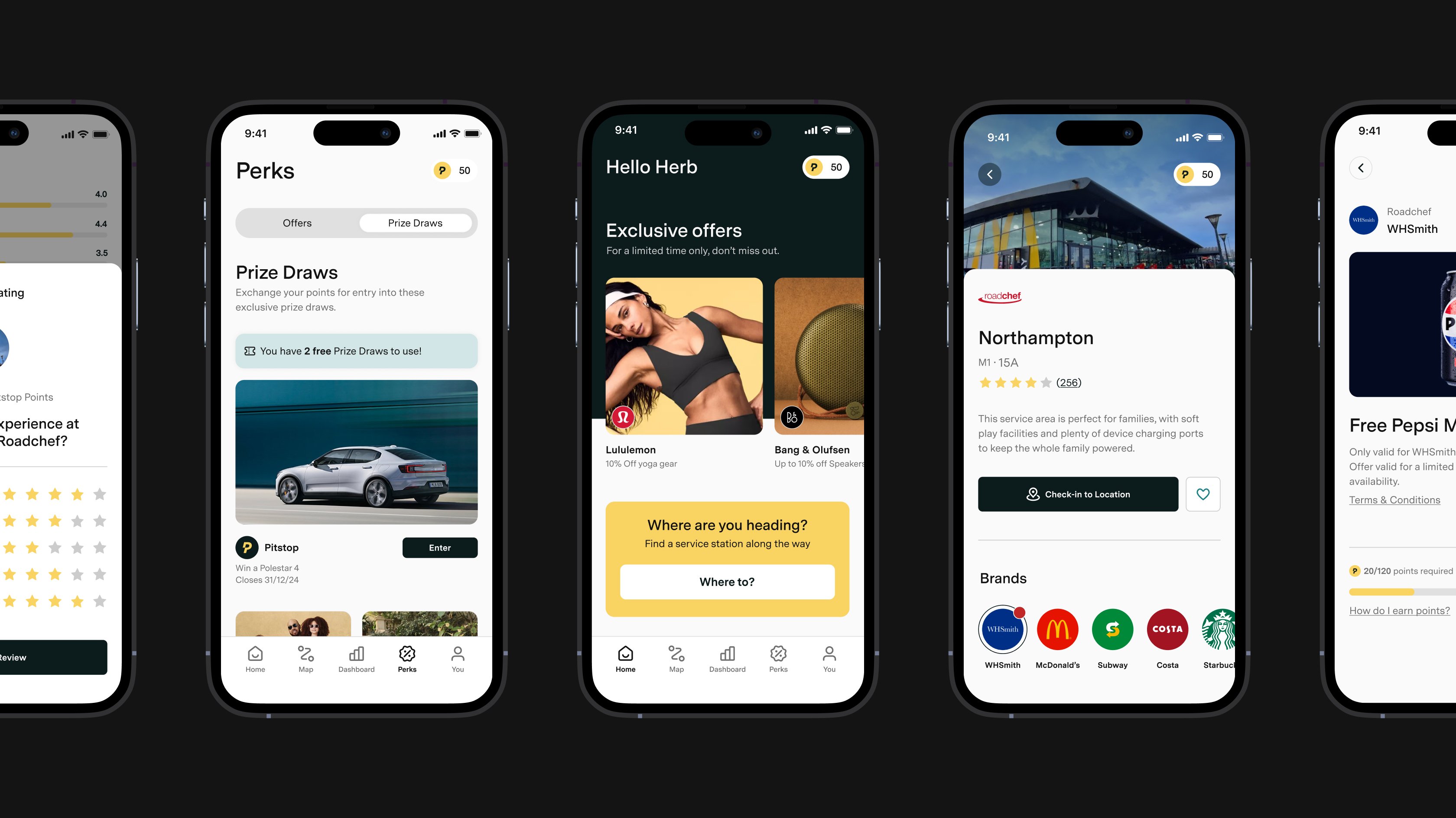 Four smartphone screens side-by-side displaying different sections of the Pitstop app, including perks, dashboard, offers and service station details.