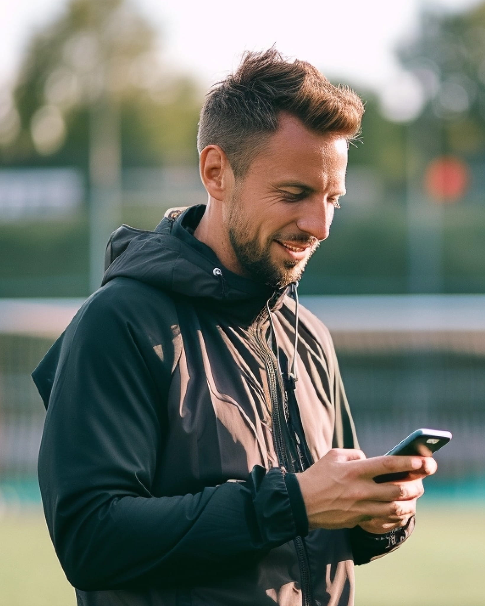 A football coach outdoors looking down and smiling while using a smartphone, wearing a black sports jacket.