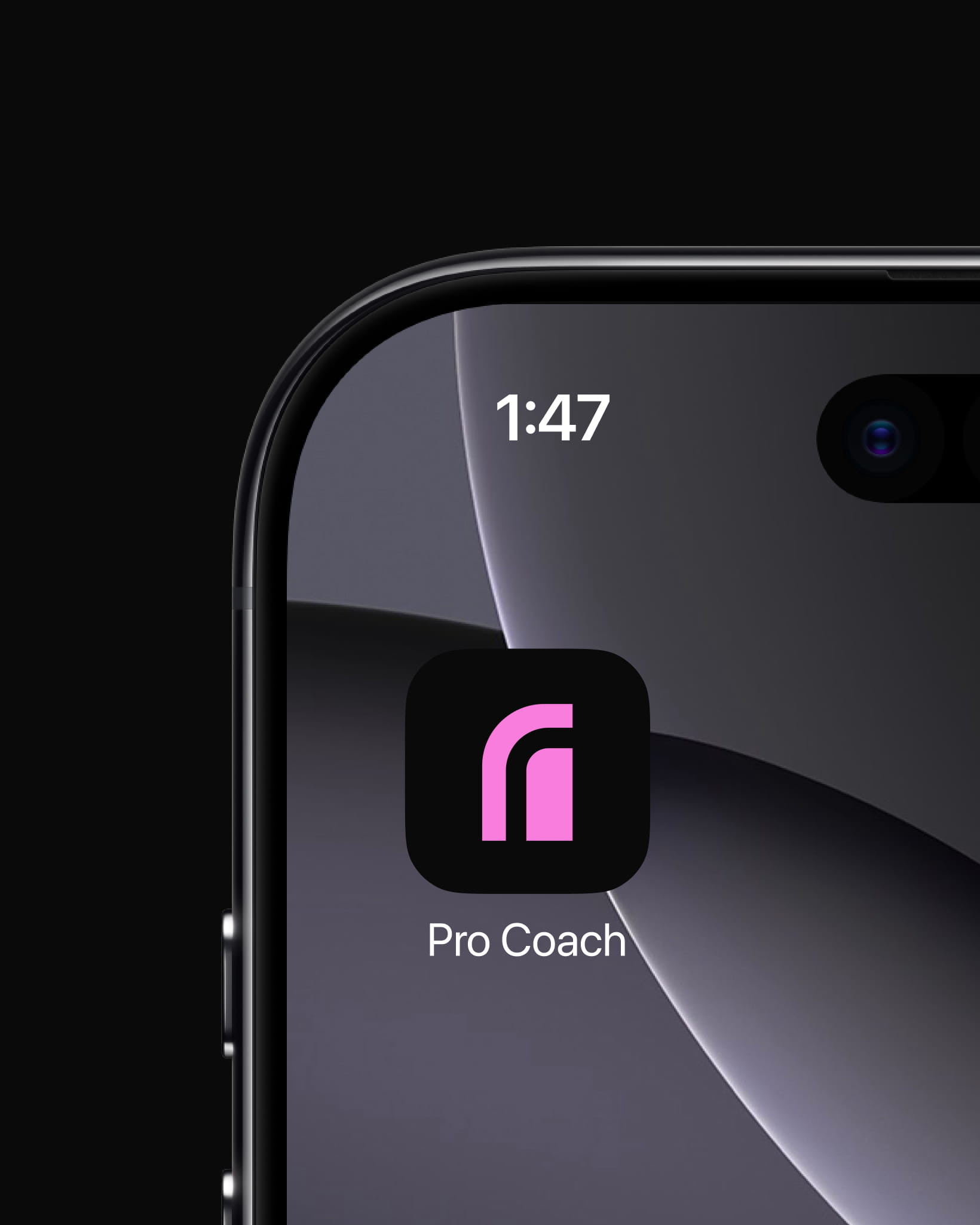 A close-up of a smartphone home screen showing the Pro Coach app icon—a stylised pink logo on a black background.
