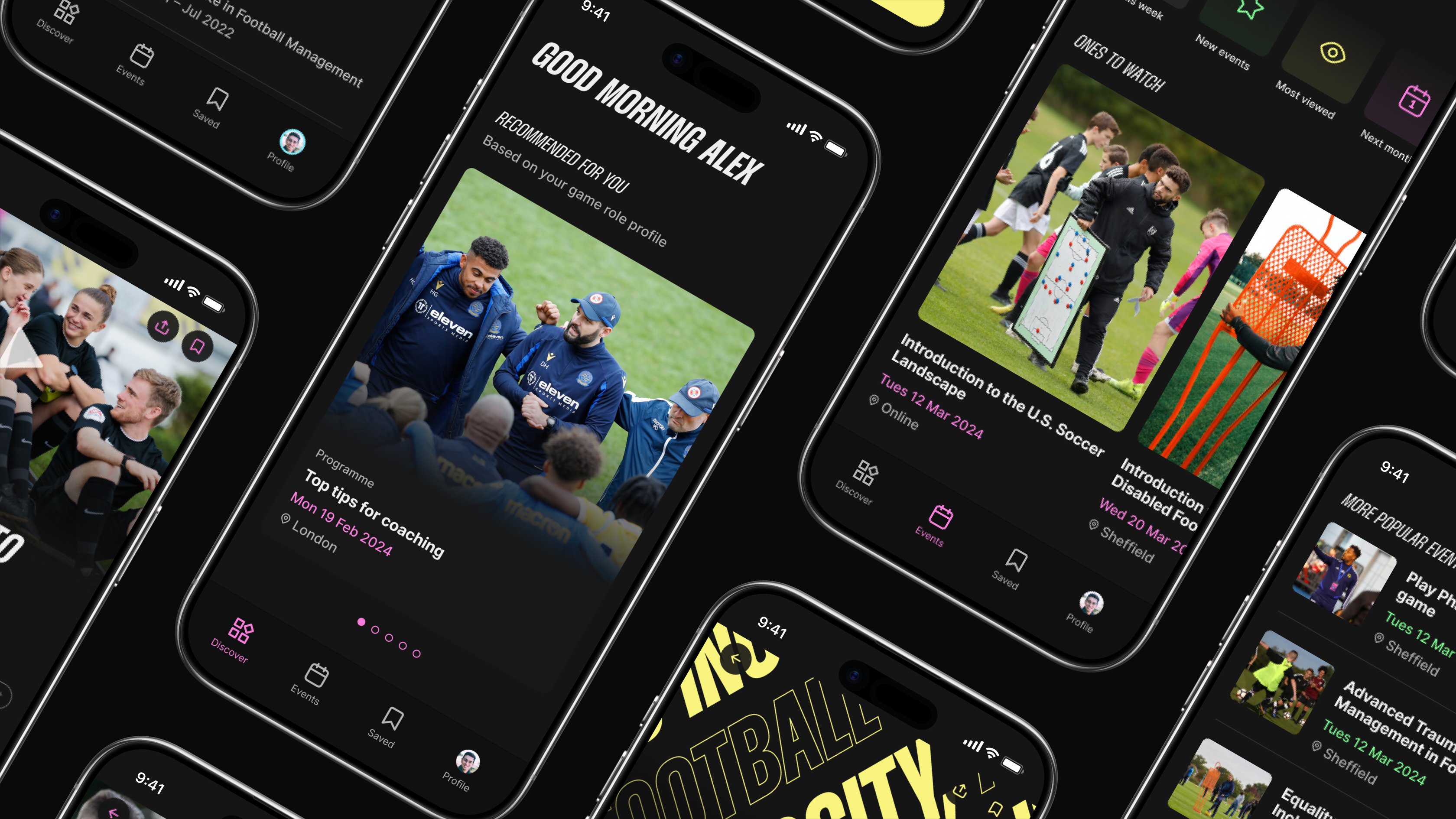 A collage of smartphone screens displaying different sections of a football coaching app, including events, personalised recommendations, and training resources.