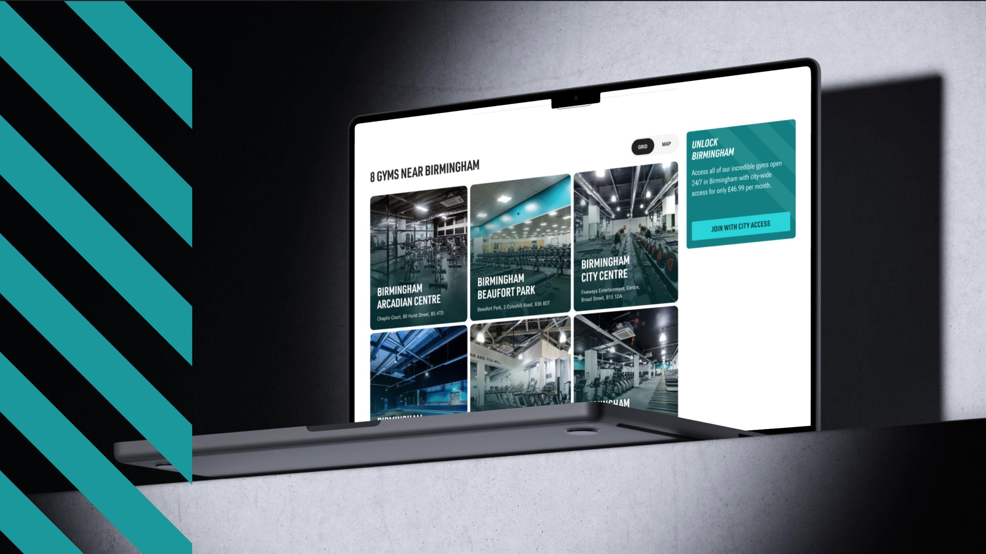 A smiling PureGym member on a spin bike beside the new location pages on mobile