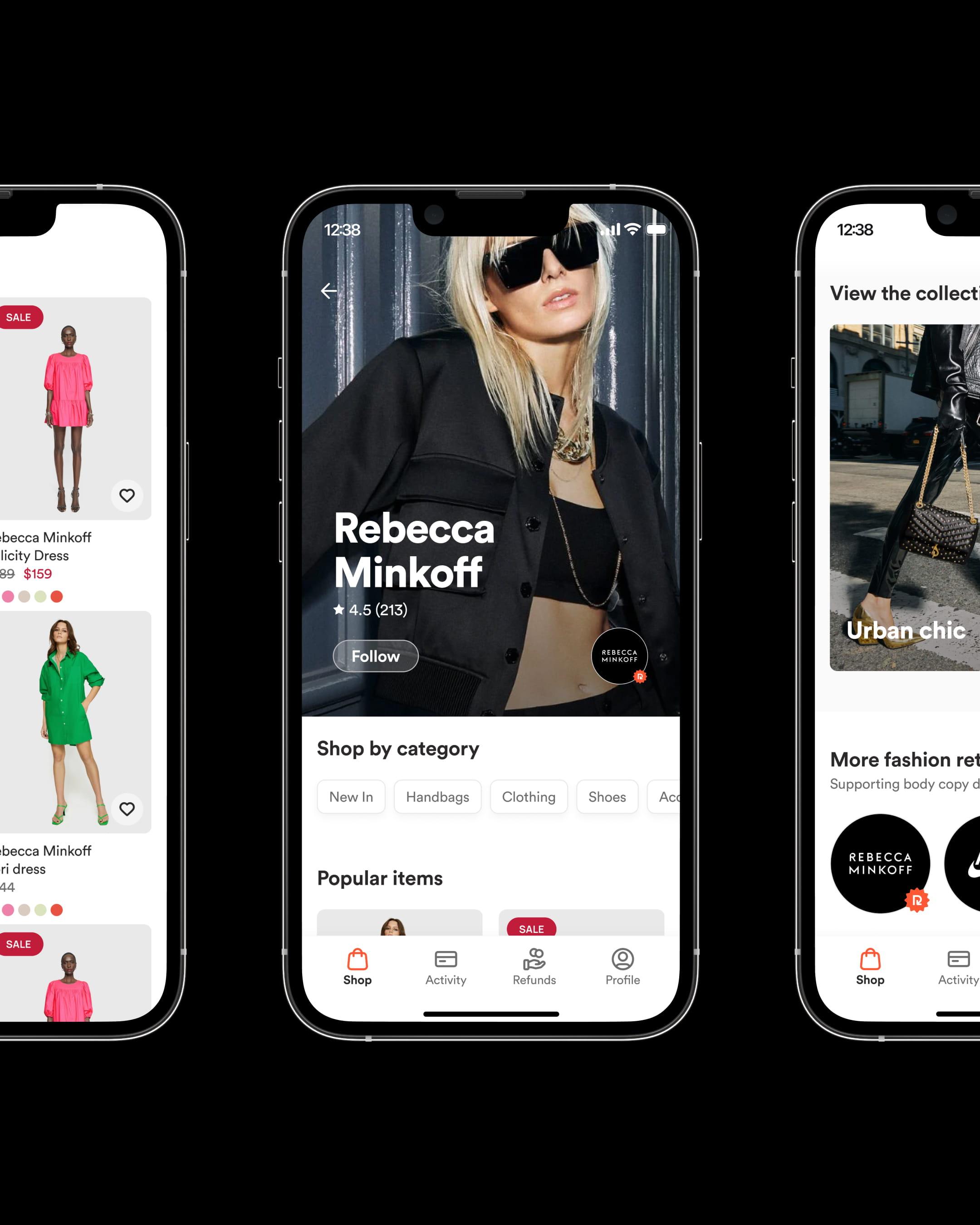 Three iPhones on black background – Rebecca Minkoff view