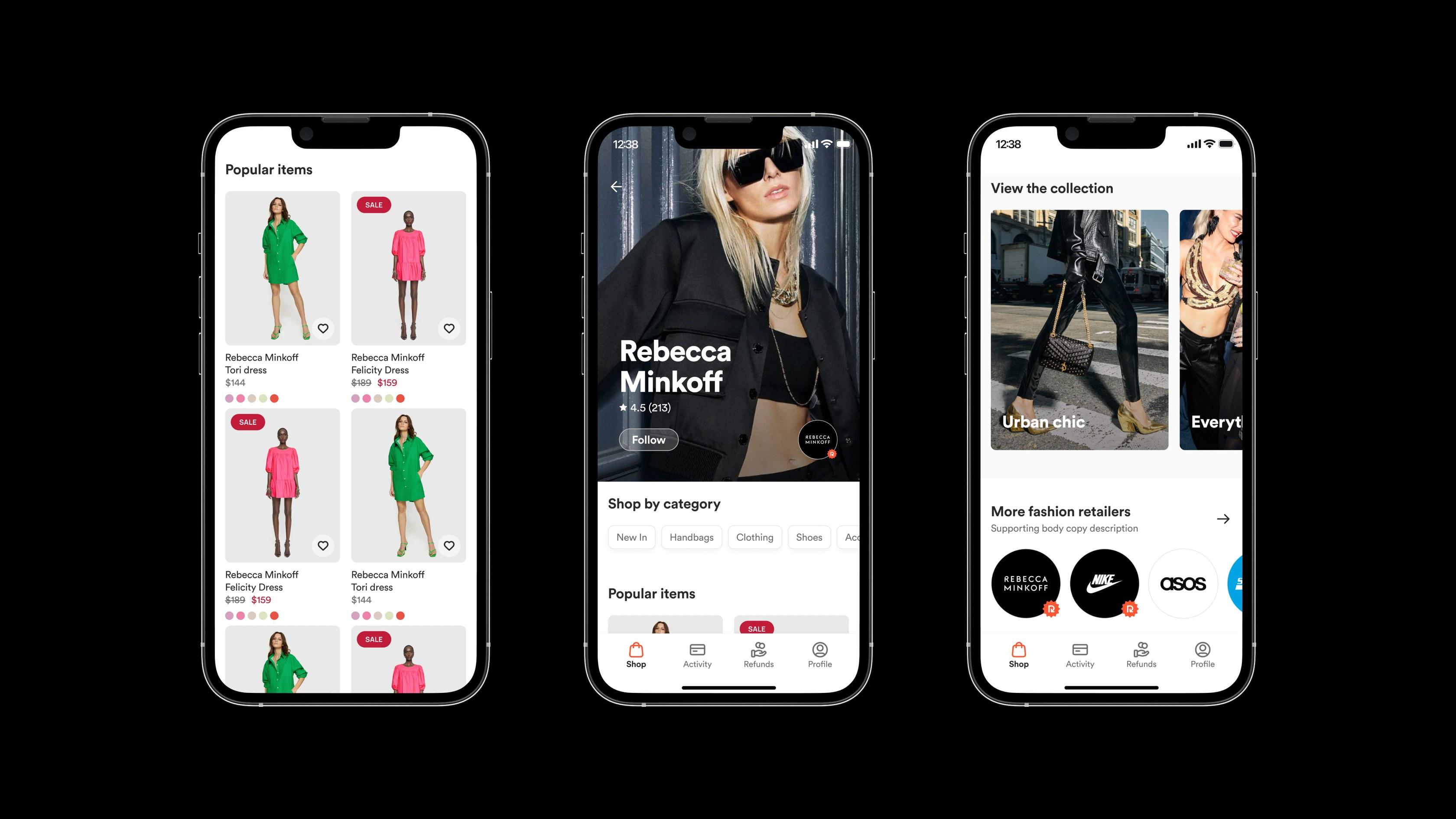 Three iPhones black background – grid + RM card + Urban Chic