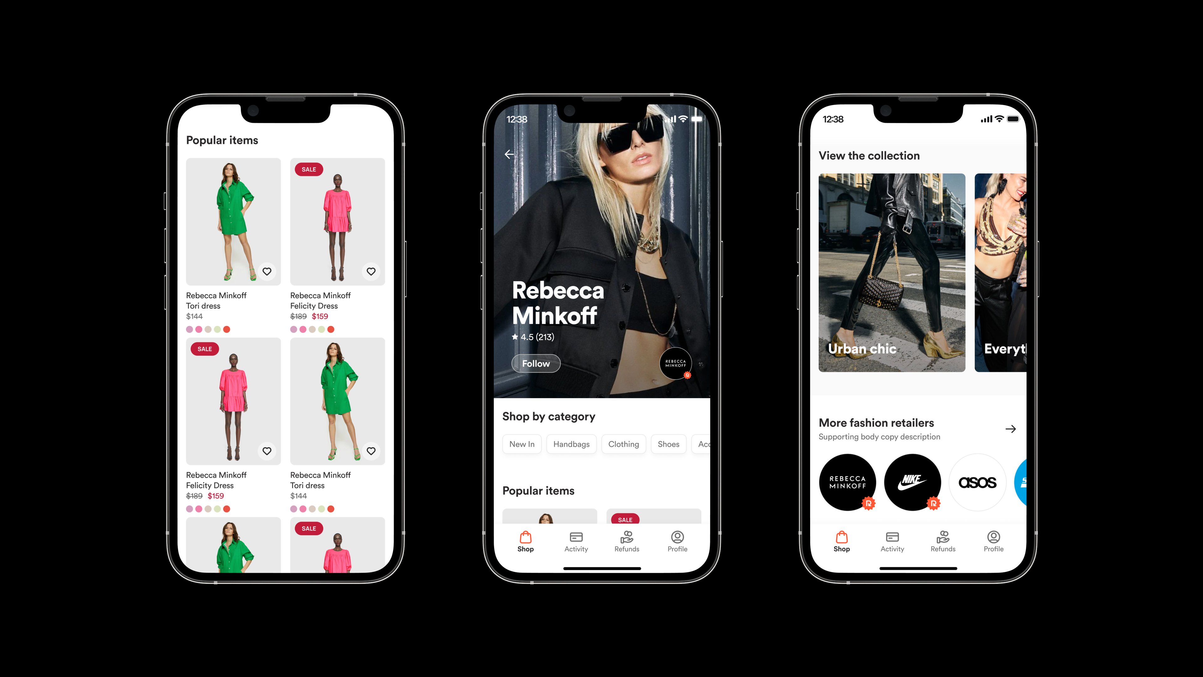 Three iPhones black background – grid + RM card + Urban Chic