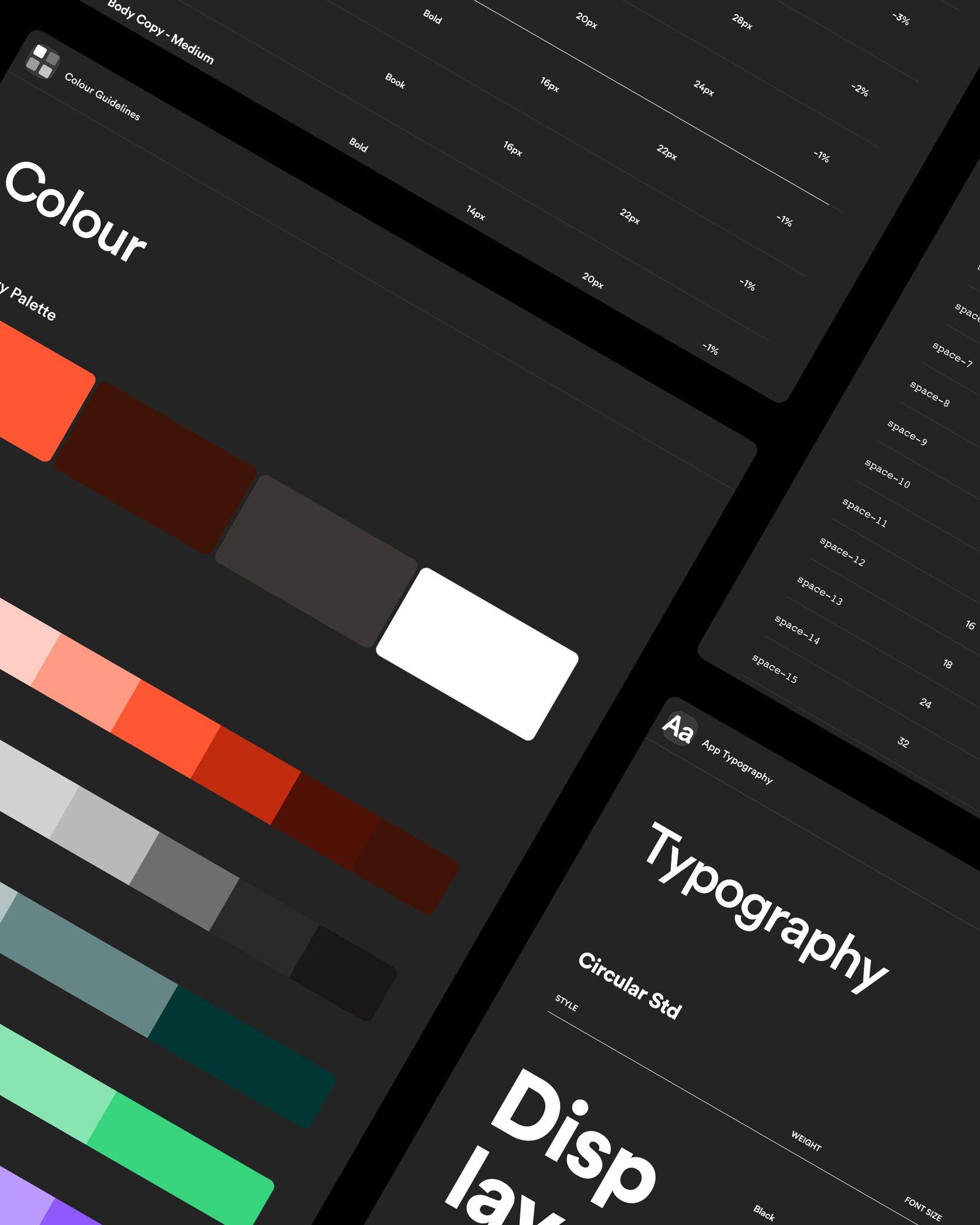 A digital style guide layout showing colour palettes, typography samples, spacing values, and UI design specifications on a dark background.