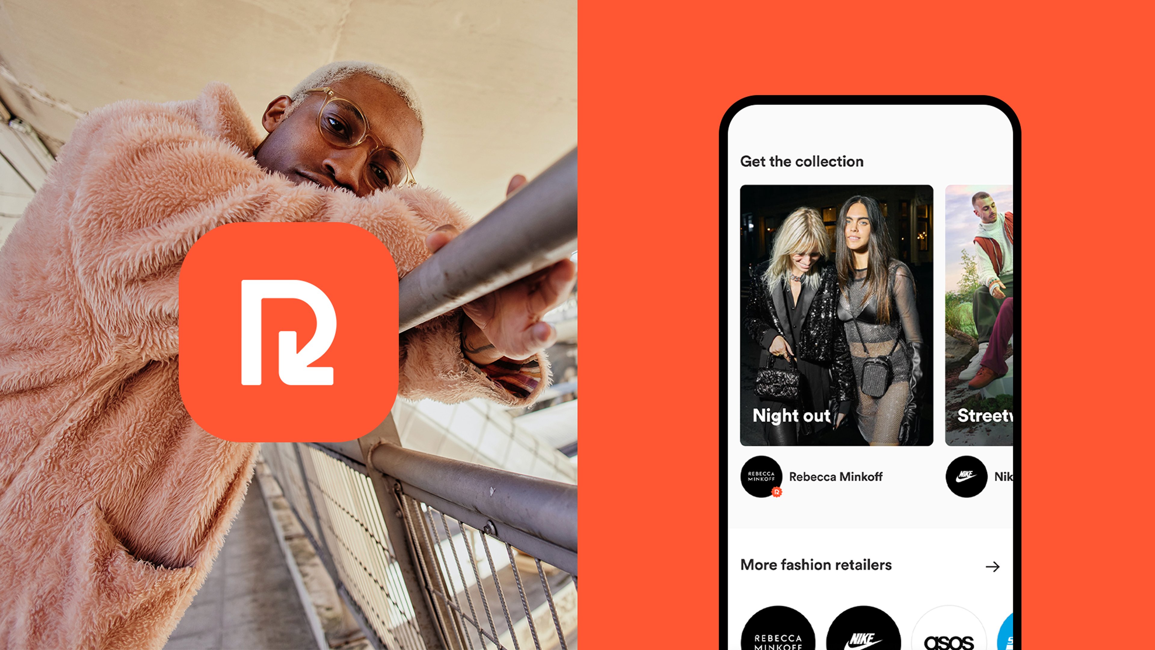 A split-screen layout featuring a person in a pink faux-fur coat leaning against a railing on the left, paired with a bright orange background and a white ReShop logo. On the right, a smartphone mockup shows curated fashion collections such as ‘Night out‘ and ‘Street‘, with brand icons displayed below.