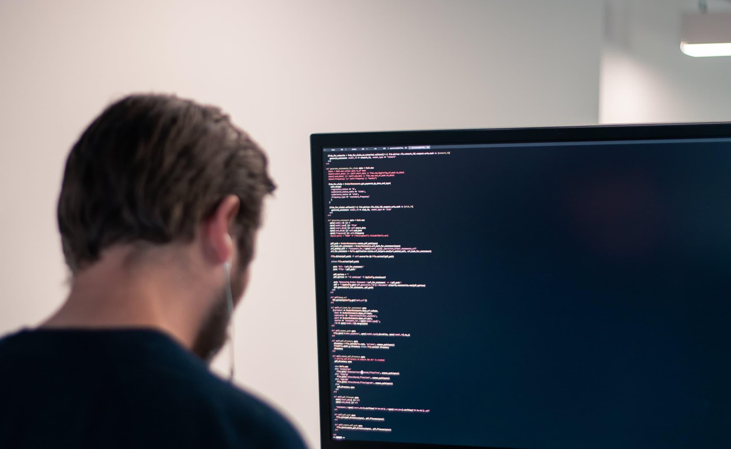 Back-view of person coding on a dark screen