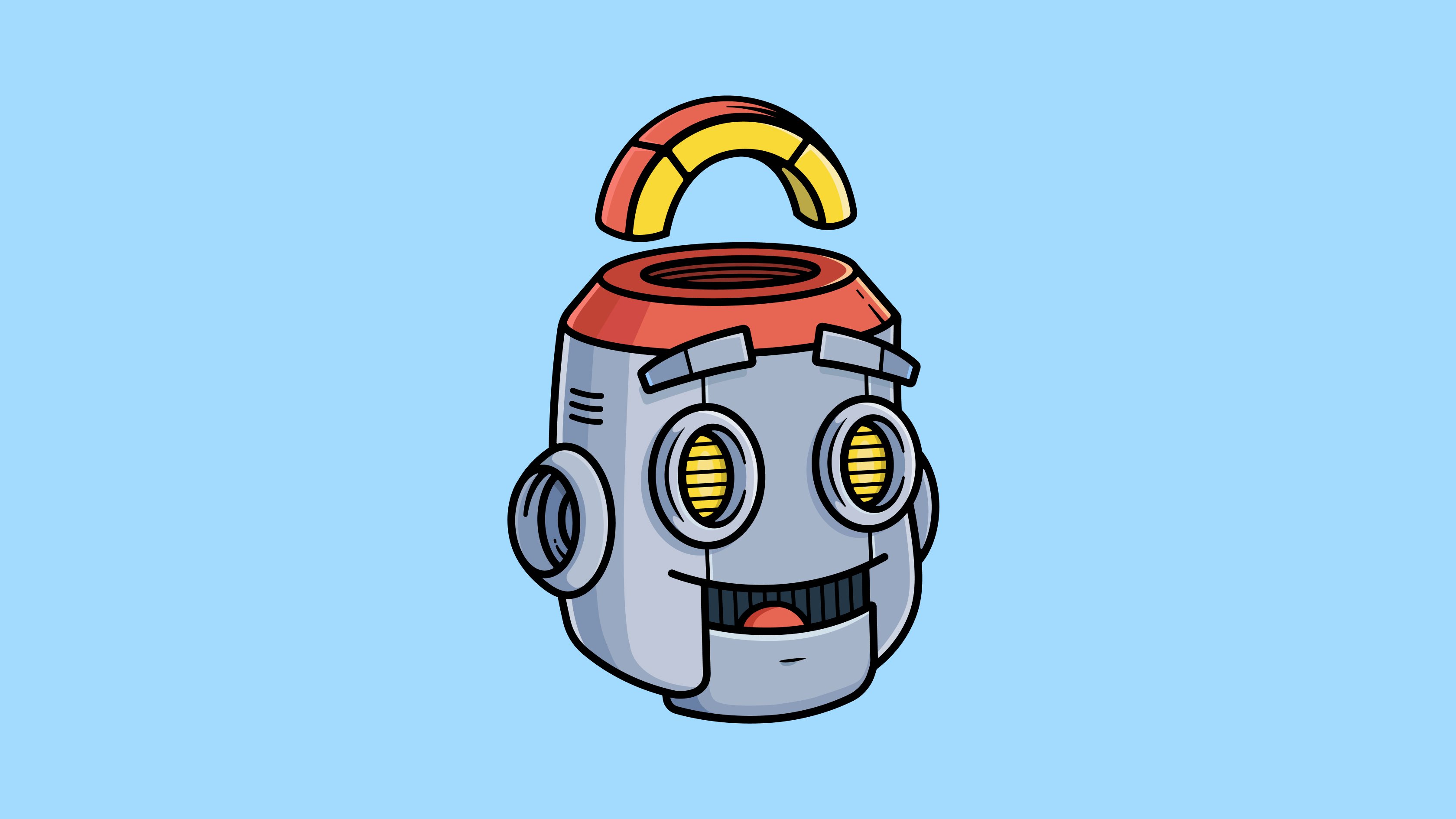 A friendly illustrated robot head with glowing eyes and an open top against a light blue background
