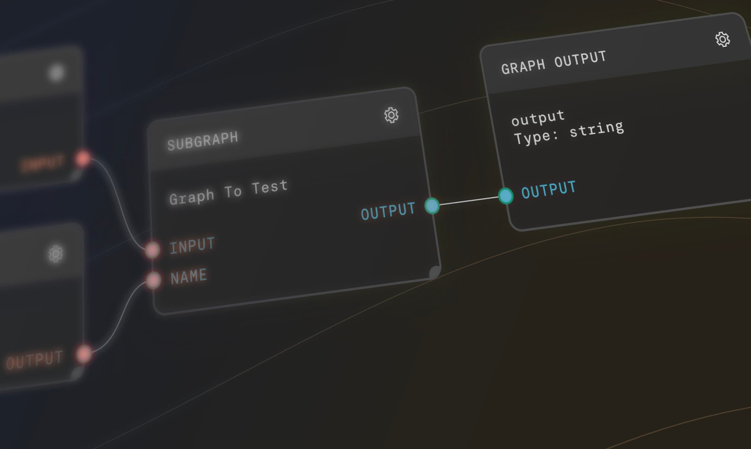 A visual interface showing connected nodes in an AI workflow with panels labelled Subgraph and Graph Output linked by data connections