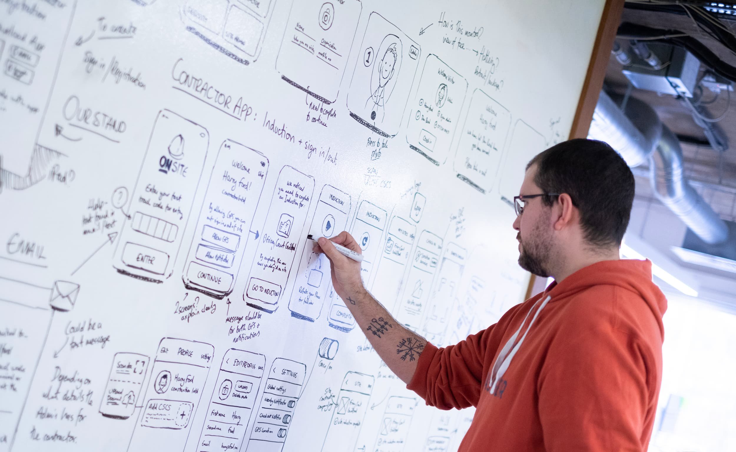 Person sketching UX wireframes on a giant whiteboard