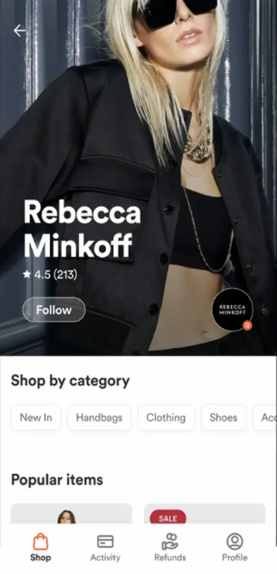 Reshop app Rebecca Minkoff brand page