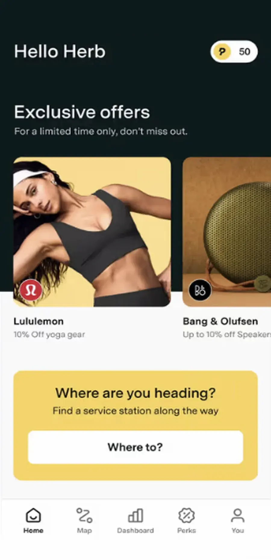 Pitstop app home screen with exclusive offers