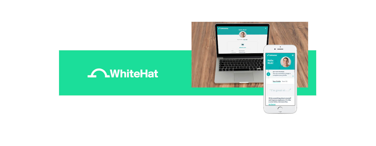 Whitehat logo and sample screens on laptop and mobile