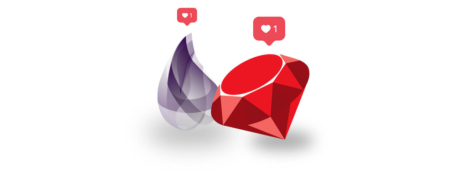 Ruby and Elixir logos with heart tags